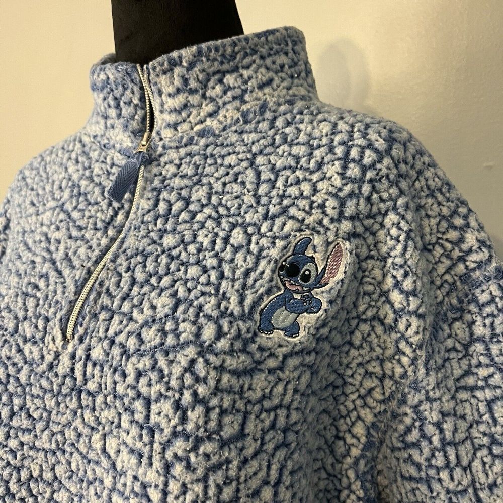 Disney Sweater Women Large Blue Lilo & Stitch Sherpa 1/4‎ Zip Long Sleeve